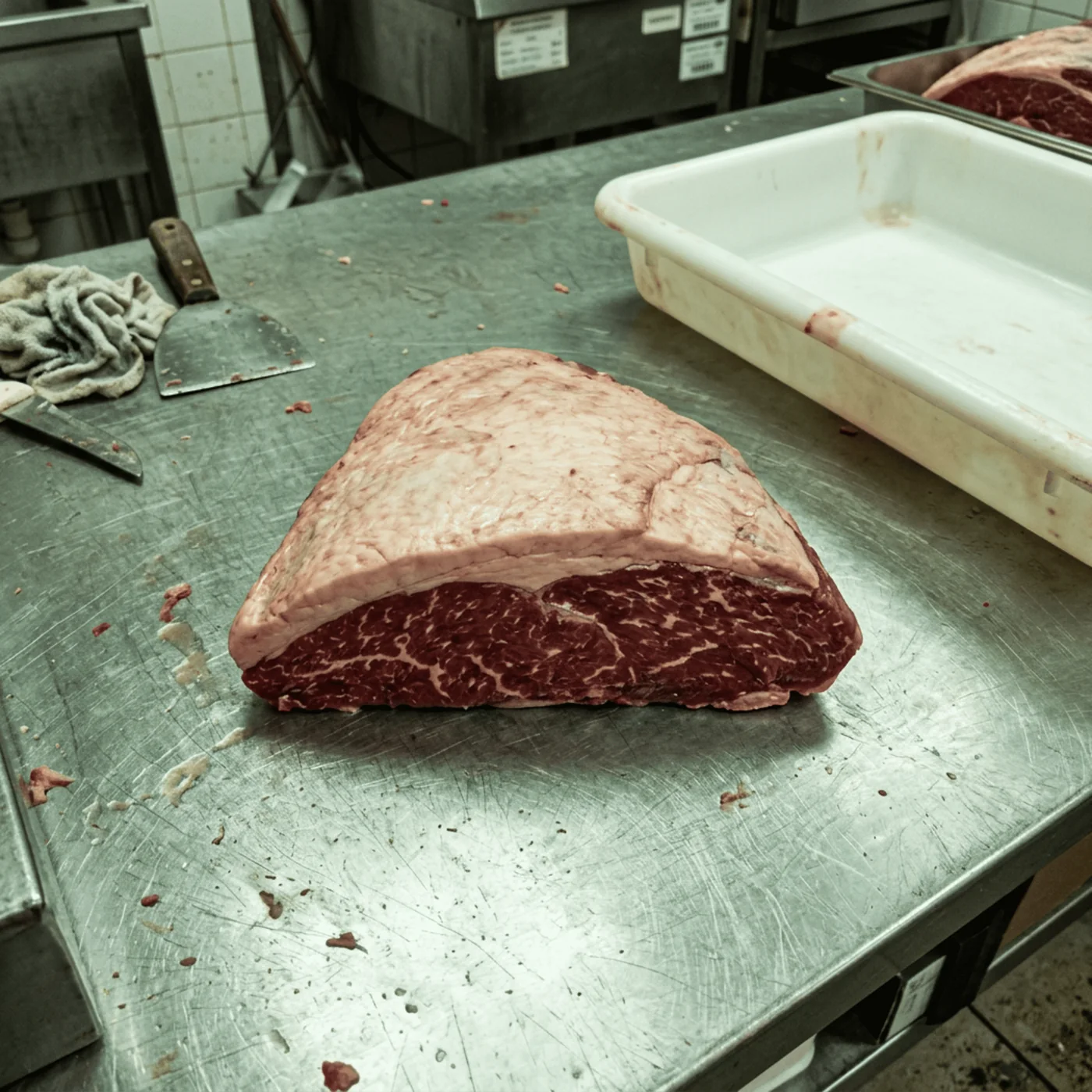 Peça de picanha crua sobre a bancada de inox riscada do açougue, com pano e espátula ao lado, sob a luz fria da loja.